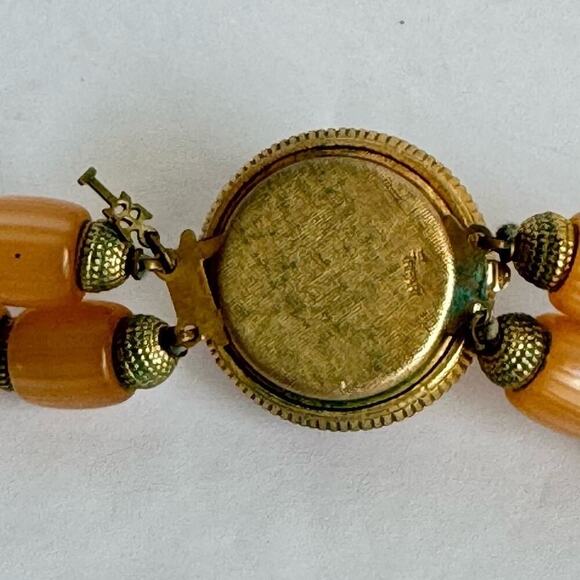 Trifari Moonglow Necklace Multi-Strand Beaded Vintage Crown Peach Orange Lucite - Picture 10 of 10